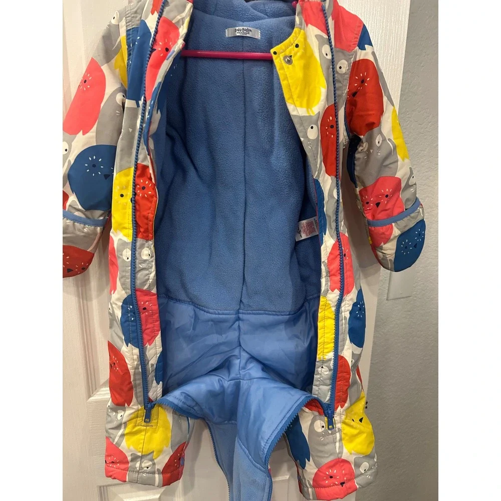 Baby Boden Owl Print Hooded Snowsuit Fleece Lined Blue‎ Red Yellow 12-18 Months